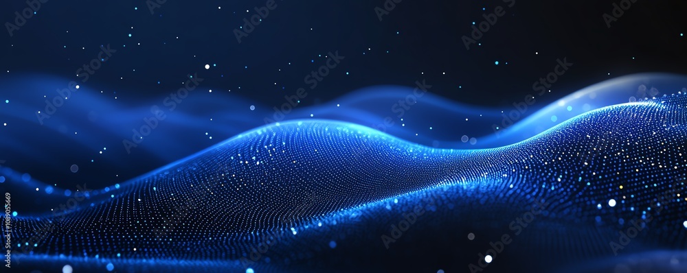 Poster dark blue background with digital waves and glowing dots, representing blockchain technology, abstra