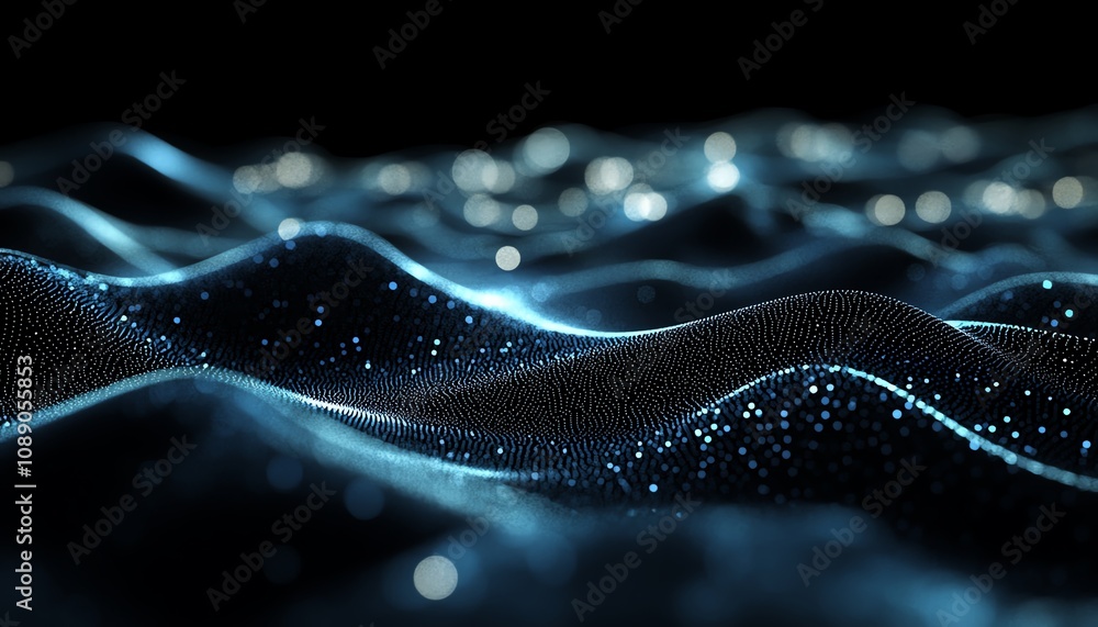 Fototapete dark blue background with glowing digital waves and dots, symbolizing blockchain technology, abstrac