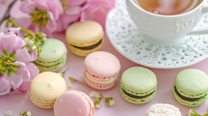 Obraz premium Dainty macaroons with tea in a springtime setting with flowers