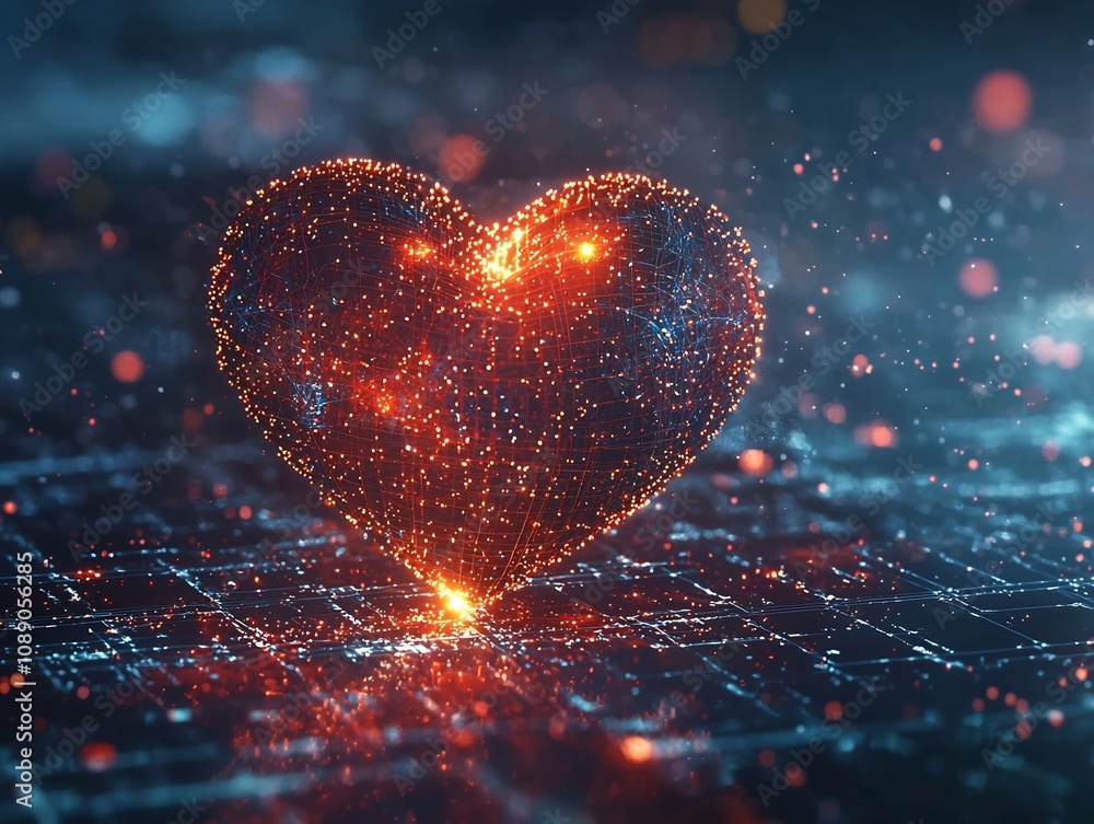 Poster glowing 3d heart floating in virtual reality space symbolizing digital love and connection