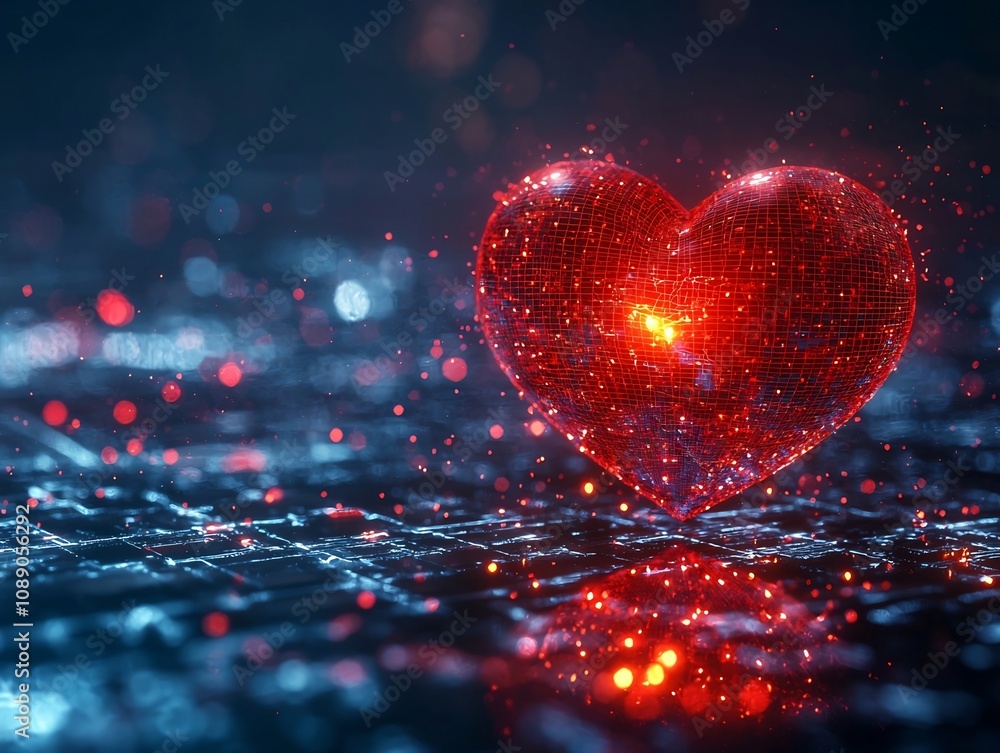Poster glowing digital heart floating in virtual reality space symbolizing modern tech driven love and conn