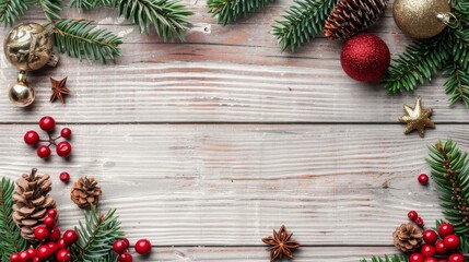 Christmas decor with copy space on white wooden background