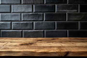 Matte black textured tiles with glossy details, contrasting with rugged wooden planks below