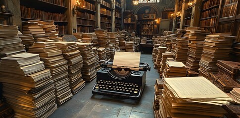 A vintage typewriter surrounded by stacks of papers in a grand library setting.