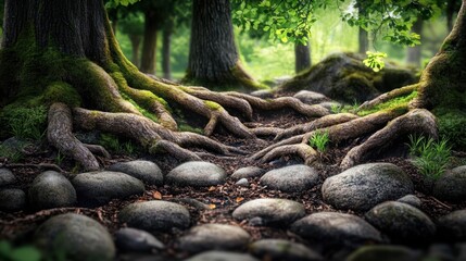 Fototapeta premium Tranquil Forest Landscape with Tree Roots and Stones, Capturing the Serenity of Nature's Beauty and the Intricacy of the Ground Below in a Lush Green Setting