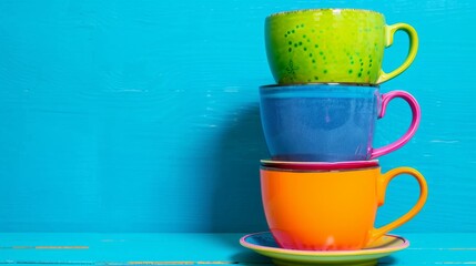 Composition of bright colorful ceramic mugs