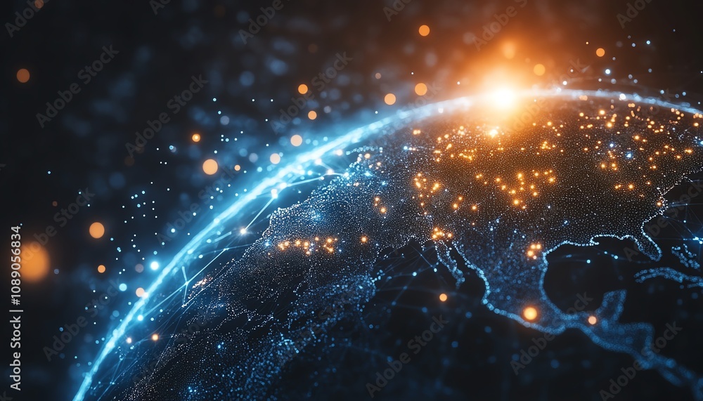 Aufkleber Digital Earth planet with blue glowing lights, network and global connectivity on tech background, futuristic world, technological innovation and data flow