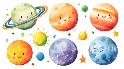 A watercolor poster or banner featuring a set of vibrant planets and stars in various colors on a white background. Perfect for space-themed designs.