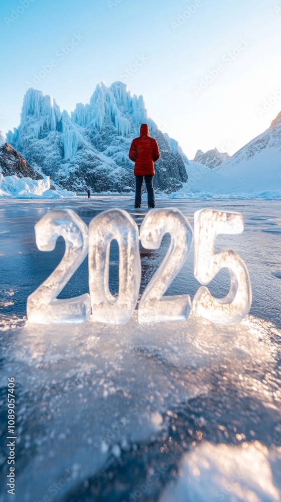 Poster a man stands in front of a large ice block that spells out the number 25