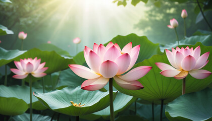 Obraz premium Beautiful Pink Lotus Flowers and Leaves in a Sunlit Pond.