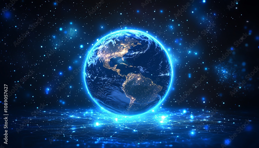 Poster digital representation of earth on technology background, glowing blue lights, global connectivity, 