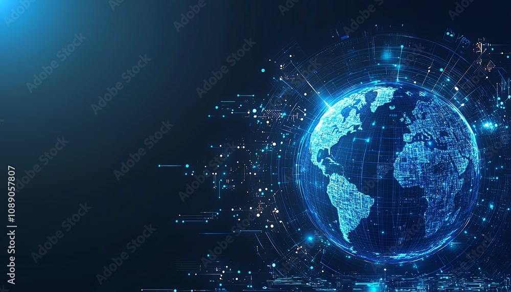 Poster digital representation of earth on technology background, glowing blue lights, global connectivity, 