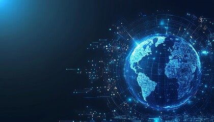 Obraz premium Digital representation of Earth on technology background, glowing blue lights, global connectivity, network and data flow, futuristic tech environment