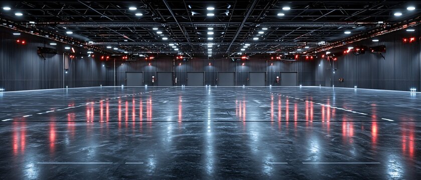 Modern Industrial Space with Reflective Surface and Lights