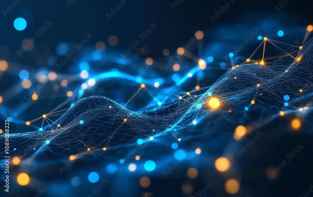 Leinwandbilder digital waves and glowing dots on dark blue background, representing blockchain technology, abstract