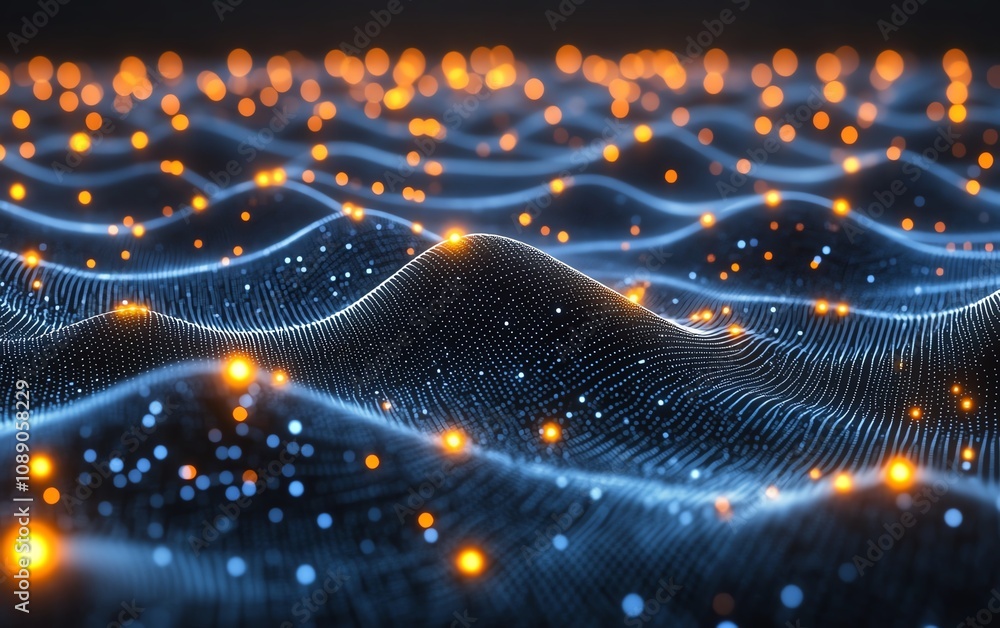 Poster digital waves and glowing dots on dark blue background, representing blockchain technology, abstract