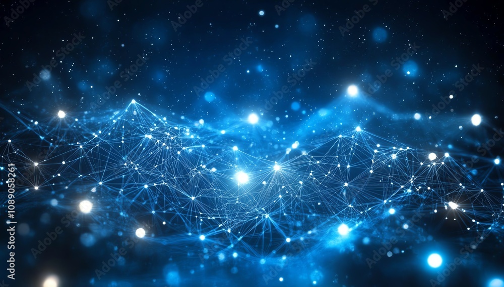 Fototapete digital waves on dark blue background, glowing dots symbolizing blockchain technology, abstract repr