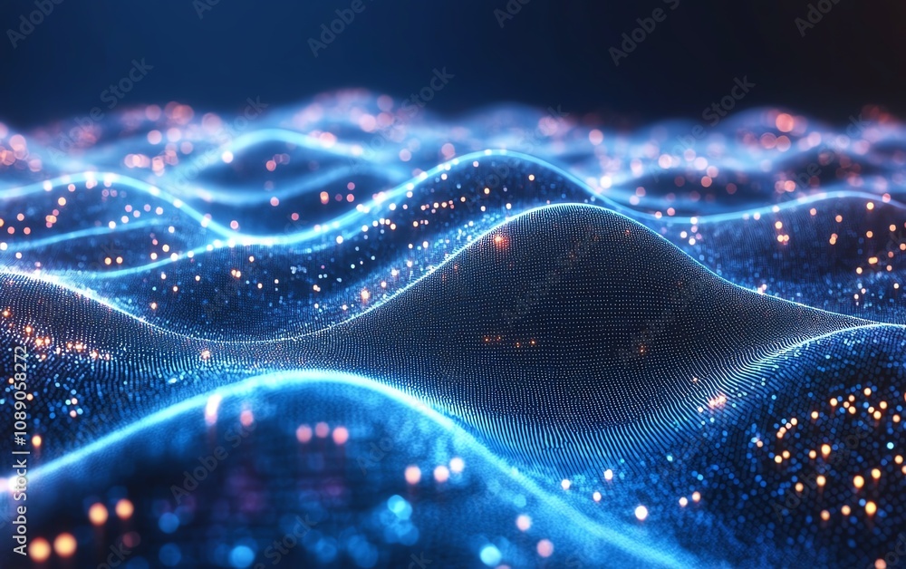 Aufkleber Digital waves and glowing dots on dark blue background, representing blockchain technology, abstract big data network connections, futuristic innovation