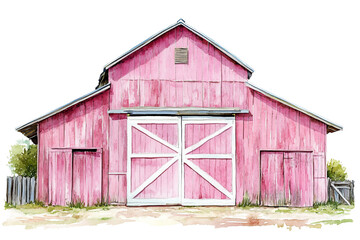 Naklejka premium Vibrant Pink Barn in Watercolor Style Illustration
