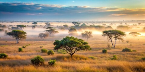Fototapeta premium Morning mist rising over a flat savanna landscape with scattered trees and bushes, sunrise effects, bushy areas, savannas, wildlife habitats, tree clusters