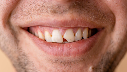 Close-up of a man's open smile with a broken tooth before a dentist appointment