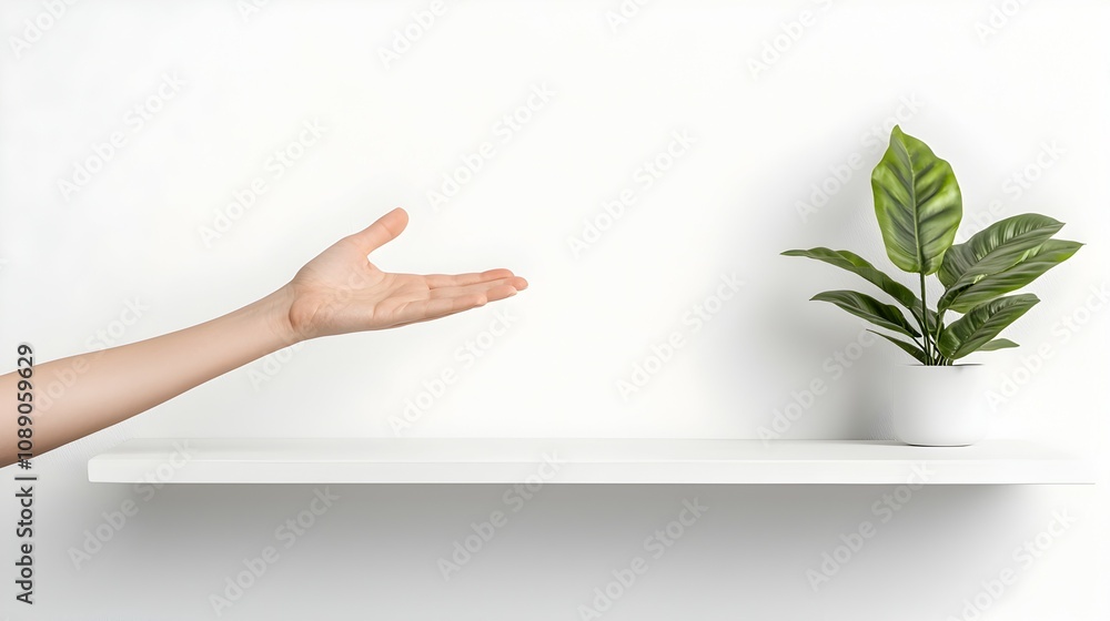 Poster reaching for the unknown a hand in motion toward an empty high shelf minimalist decor and dramatic s