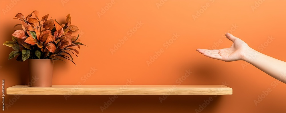 Poster reaching for the perfect space - a hand stretching towards a minimalistic high shelf with warm tones