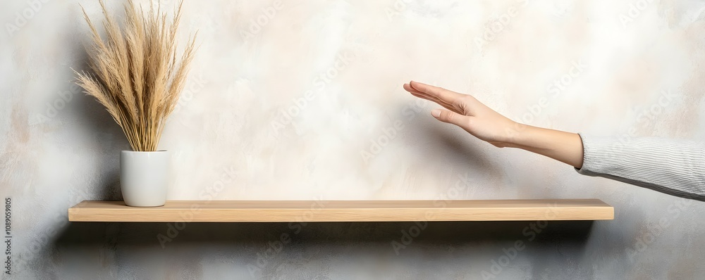 Poster reaching for inspiration - minimalistic hand touching empty high shelf with copy space for creative 