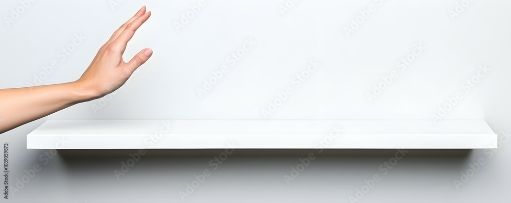 Poster reaching for simplicity - minimalist hand gesture towards empty high shelf space inviting elegance a