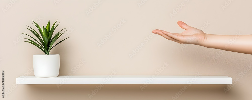 Poster reaching for possibilities a hand stretching toward an empty spot on a minimalistic high shelf with 