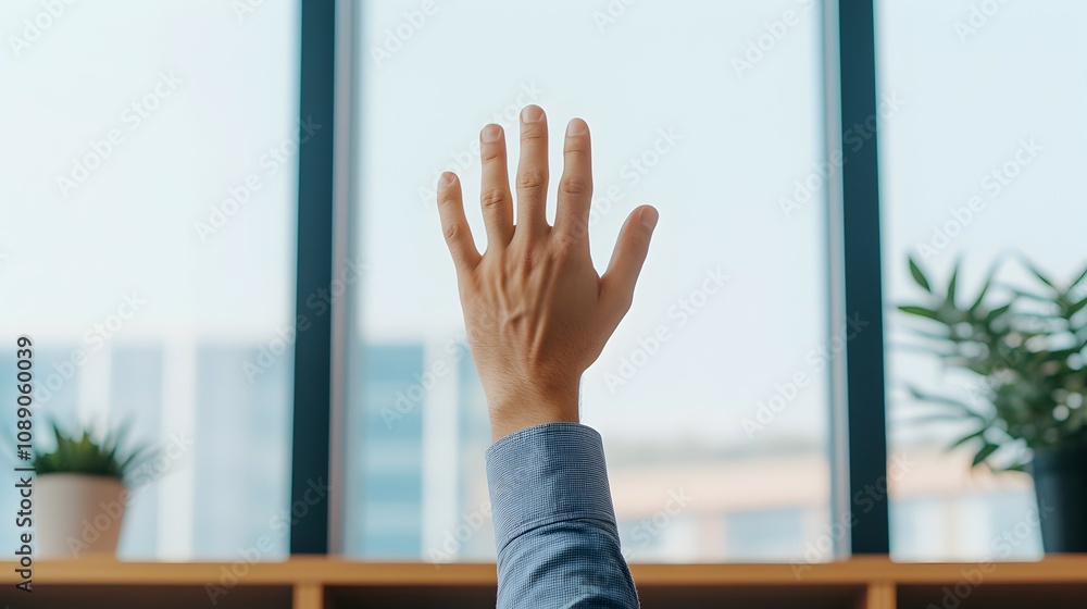 Poster reaching for possibilities hand stretching towards an empty space on a minimalistic high shelf - emb