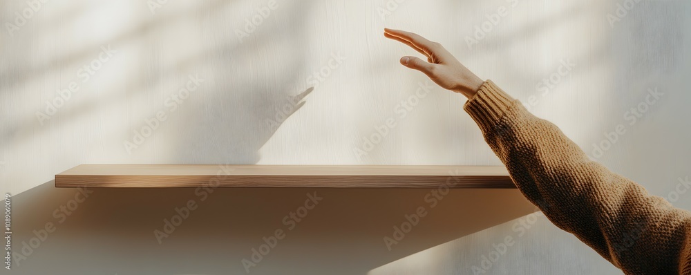 Poster elegant hand reaching for empty space on minimalistic high shelf - perfect for showcasing products o