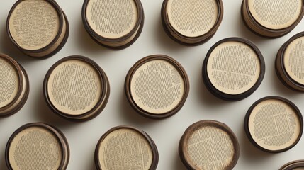 Patterned round books with text visible on the pages, shown in a circular arrangement. 