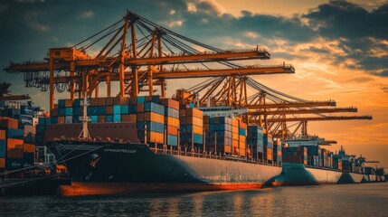 Fototapeta premium Container Ship Docked at Port with Cranes in Golden Hour, Showcasing Industrial Logistics and Maritime Transport Operations at Sunset