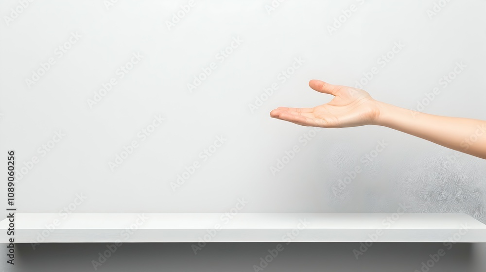 Poster reaching for possibilities - an outstretched hand towards an empty spot on a minimalistic high shelf