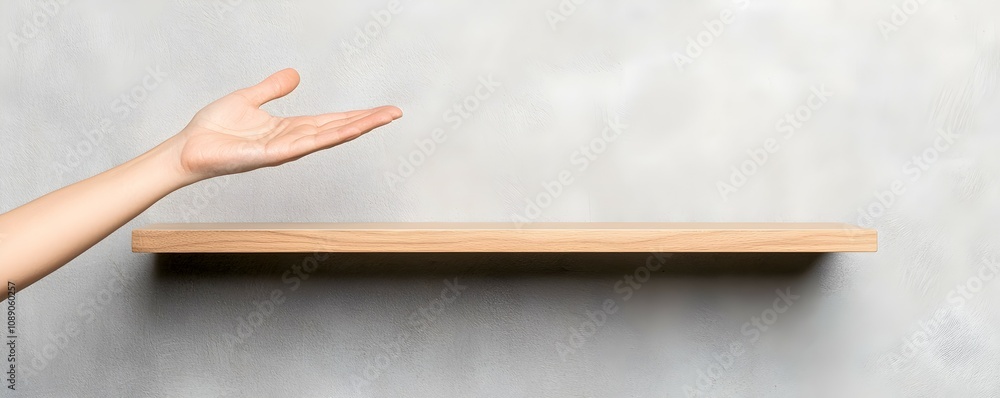Poster hand reaching for high shelf space - minimalistic design with ample copy space for creative projects