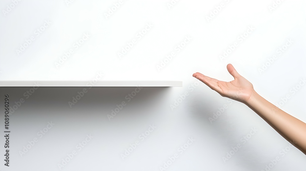 Poster reaching for potential a hand extending toward an empty high shelf - minimalistic design with ample 