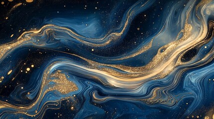 Luxurious Blue and Gold Abstract Design Featuring Sparkling Elements, Ideal for High-End Branding, Elegant Backgrounds, and Modern Art Aesthetics in Stock Photography