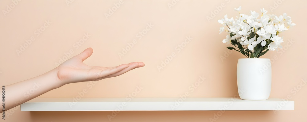 Poster elegant hand reaching for an empty high shelf - minimalist decor with ample copy space for versatile