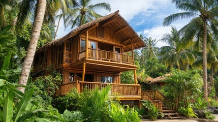 Tropical wooden house with palm trees around, bamboo decorations