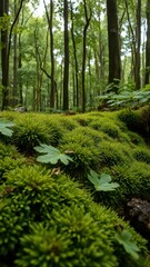 Obraz premium Lush green moss carpets the forest floor in a dense woodland during a summer afternoon