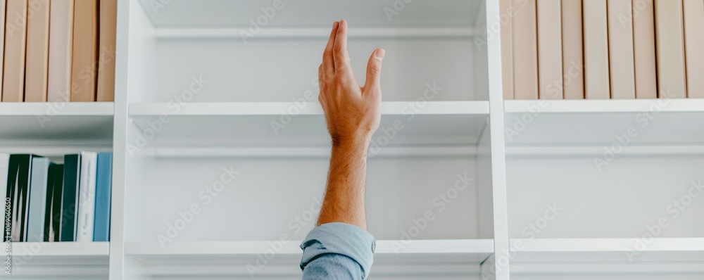 Poster hand reaching for high shelf space in minimalistic setting - perfect for creative text and design in