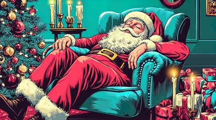 Fototapeta premium Cozy Christmas Bliss: Santa Napping in Decorated Wonderland - Perfect for a Festive Holiday Poster to Brighten Your Space with Yuletide Charm!