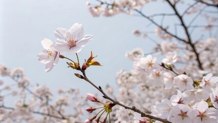 Obraz premium A single pale pink cherry blossom floating in a sea of white, cherry blossoms, garden