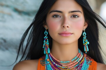 stunning portrait of a young woman with sleek black hair and colorful bead jewelry, ideal for beauty and fashion editorials focused on ethnic and cultural diversity
