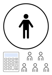 Central black figure inside circle calculator, and group of people below. Ideal for project management, finance, team planning, organization, calculations, leadership, collaboration. Line metaphor