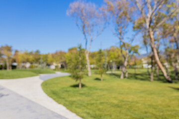 Blurred background of a sunny day in the park with lush greenery, winding pathways, and clear blue skies inviting visitors to relax and enjoy nature