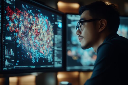 Business professional examines and interprets intricate data on a digital interface, leveraging AI for data processing