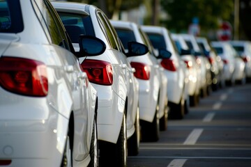 Dealer New Cars Stock. Cars For Sale Lot. Rear view of new luxury white car parked in a row. Selective focus on white shiny car. Car dealership concept. Automotive industry sanction crisis concept.