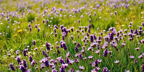 A stunning display of purple wildflowers spills across the sun-kissed terrain in a lush and vibrant meadow, rural, pansies, countryside